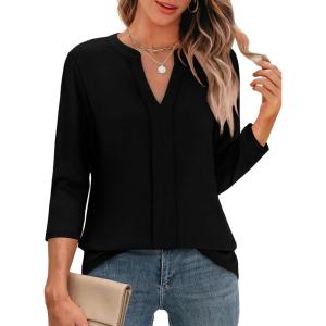 imageXIEERDUO 34 Length Sleeve Womens Tops V Neck Pleated Work Blouses Dressy Casual Summer Tops 2025 TrendyBlack