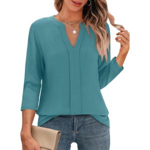 imageXIEERDUO 34 Length Sleeve Womens Tops V Neck Pleated Work Blouses Dressy Casual Summer Tops 2025 TrendyBlue Green