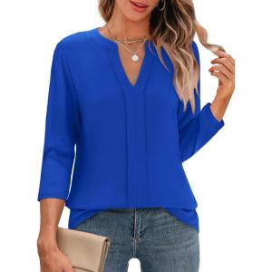 imageXIEERDUO 34 Length Sleeve Womens Tops V Neck Pleated Work Blouses Dressy Casual Summer Tops 2025 TrendyDark Blue