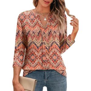 imageXIEERDUO 34 Length Sleeve Womens Tops V Neck Pleated Work Blouses Dressy Casual Summer Tops 2025 TrendyPatternedboho Floral