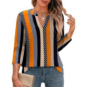 imageXIEERDUO 34 Length Sleeve Womens Tops V Neck Pleated Work Blouses Dressy Casual Summer Tops 2025 TrendyPatternedkhaki Stripe