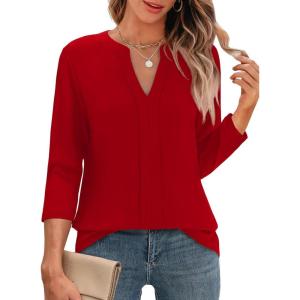 imageXIEERDUO 34 Length Sleeve Womens Tops V Neck Pleated Work Blouses Dressy Casual Summer Tops 2025 TrendyRed