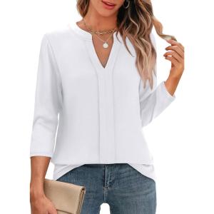 imageXIEERDUO 34 Length Sleeve Womens Tops V Neck Pleated Work Blouses Dressy Casual Summer Tops 2025 TrendyWhite