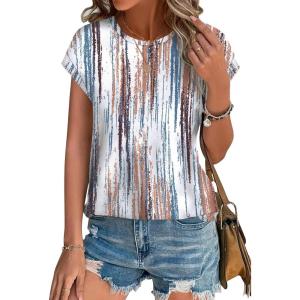 imageXIEERDUO Womens Tops Short Sleeve Shirts Blouses for Women Dressy Casual Cap Sleeve Tops with Curved HemLtie Dye