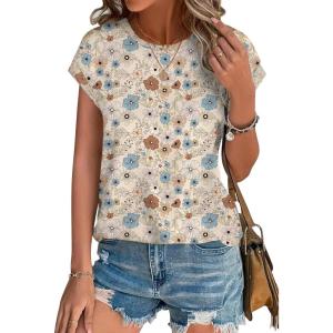 imageXIEERDUO Womens Tops Short Sleeve Shirts Blouses for Women Dressy Casual Cap Sleeve Tops with Curved HemPpink Blue Flower