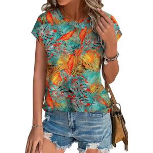 imageXIEERDUO Womens Tops Short Sleeve Shirts Blouses for Women Dressy Casual Cap Sleeve Tops with Curved HemQtropical Leaves