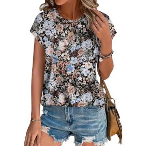 imageXIEERDUO Womens Tops Short Sleeve Shirts Blouses for Women Dressy Casual Cap Sleeve Tops with Curved HemTblack Floral