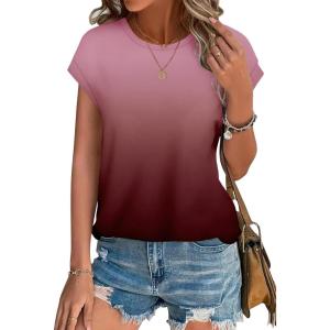 imageXIEERDUO Womens Tops Short Sleeve Shirts Blouses for Women Dressy Casual Cap Sleeve Tops with Curved HemWred Gradient
