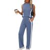 imageXIEERDUO Two Piece Sets for Women Summer Outfits Travel Mock Neck Lounge Sets Wide Leg Pants Beach Vacation ClothesBlue