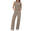 imageXIEERDUO Two Piece Sets for Women Summer Outfits Travel Mock Neck Lounge Sets Wide Leg Pants Beach Vacation ClothesCoffee