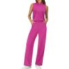 imageXIEERDUO Two Piece Sets for Women Summer Outfits Travel Mock Neck Lounge Sets Wide Leg Pants Beach Vacation ClothesHot Pink