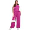 imageXIEERDUO Two Piece Sets for Women Summer Outfits Travel Mock Neck Lounge Sets Wide Leg Pants Beach Vacation ClothesHot Pink