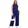 imageXIEERDUO Two Piece Sets for Women Summer Outfits Travel Mock Neck Lounge Sets Wide Leg Pants Beach Vacation ClothesNavy Blue