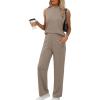 imageXIEERDUO Two Piece Sets for Women Summer Outfits Travel Mock Neck Lounge Sets Wide Leg Pants Beach Vacation ClothesCoffee