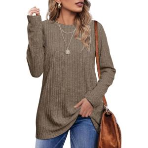 imageXIEERDUO Long Sleeve Shirts for Women Crew Neck Lightweight Casual Tunic Tops Winter Fall FashionKhaki