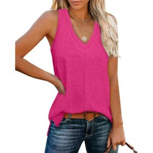 imageXIEERDUO Tank Tops for Women V Neck Summer Outfits Side Slit Sleeveless Shirts Loose Fit 2025 Fashion05 Hot Pink