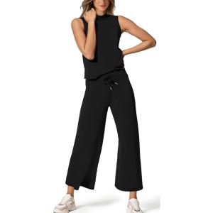 imageXIEERDUO Two Piece Sets for Women Summer Lounge Sets Beach Vacation Travel Outfits Casual Wide Leg Pants Matching Sets0black