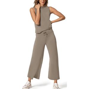 imageXIEERDUO Two Piece Sets for Women Summer Lounge Sets Beach Vacation Travel Outfits Casual Wide Leg Pants Matching Sets1coffee