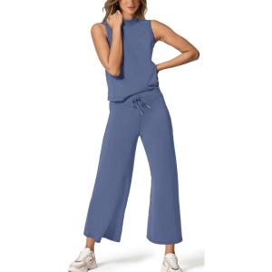 imageXIEERDUO Two Piece Sets for Women Summer Lounge Sets Beach Vacation Travel Outfits Casual Wide Leg Pants Matching Sets2blue