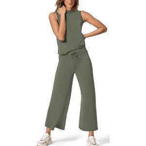 imageXIEERDUO Two Piece Sets for Women Summer Lounge Sets Beach Vacation Travel Outfits Casual Wide Leg Pants Matching Sets2olive Green