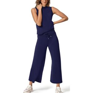 imageXIEERDUO Two Piece Sets for Women Summer Lounge Sets Beach Vacation Travel Outfits Casual Wide Leg Pants Matching Sets3dark Blue