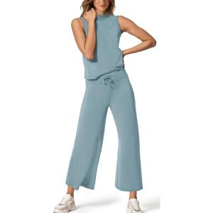 imageXIEERDUO Two Piece Sets for Women Summer Lounge Sets Beach Vacation Travel Outfits Casual Wide Leg Pants Matching Sets4lake Blue