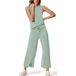 imageXIEERDUO Two Piece Sets for Women Summer Lounge Sets Beach Vacation Travel Outfits Casual Wide Leg Pants Matching Sets5sage Green