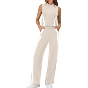 imageXIEERDUO Two Piece Sets for Women Summer Outfits Travel Mock Neck Lounge Sets Wide Leg Pants Beach Vacation ClothesBeigewhite