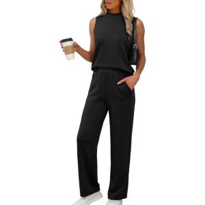 imageXIEERDUO Two Piece Sets for Women Summer Outfits Travel Mock Neck Lounge Sets Wide Leg Pants Beach Vacation ClothesBlack