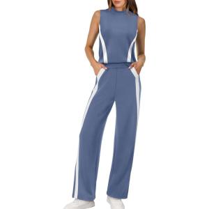 imageXIEERDUO Two Piece Sets for Women Summer Outfits Travel Mock Neck Lounge Sets Wide Leg Pants Beach Vacation ClothesBlue