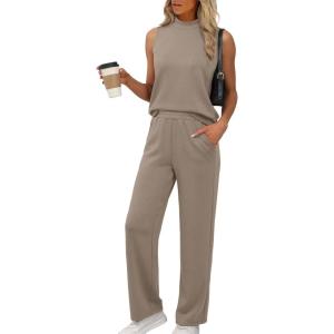 imageXIEERDUO Two Piece Sets for Women Summer Outfits Travel Mock Neck Lounge Sets Wide Leg Pants Beach Vacation ClothesCoffee