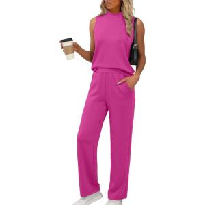 imageXIEERDUO Two Piece Sets for Women Summer Outfits Travel Mock Neck Lounge Sets Wide Leg Pants Beach Vacation ClothesHot Pink