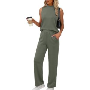 imageXIEERDUO Two Piece Sets for Women Summer Outfits Travel Mock Neck Lounge Sets Wide Leg Pants Beach Vacation ClothesOlive Green