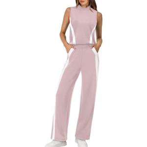 imageXIEERDUO Two Piece Sets for Women Summer Outfits Travel Mock Neck Lounge Sets Wide Leg Pants Beach Vacation ClothesPinkwhite