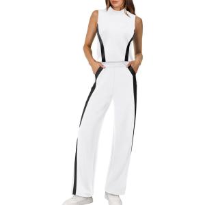 imageXIEERDUO Two Piece Sets for Women Summer Outfits Travel Mock Neck Lounge Sets Wide Leg Pants Beach Vacation ClothesWhiteblack