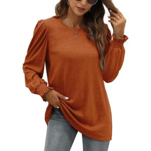 imageXIEERDUO Womens Long Sleeve Tops 2024 Fall Ruffle Puff Sleeve Cute Tunic Shirts DressyA01caramel