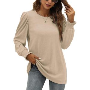 imageXIEERDUO Womens Long Sleeve Tops 2024 Fall Ruffle Puff Sleeve Cute Tunic Shirts DressyA03khaki