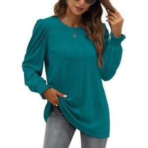 imageXIEERDUO Womens Long Sleeve Tops 2024 Fall Ruffle Puff Sleeve Cute Tunic Shirts DressyA13turquoise