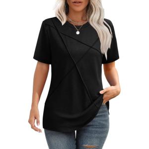 imageXIEERDUO Womens Summer Tops 2025 Pleated Round Neck Short Sleeve Shirts Business CasualBlack