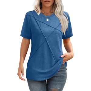 imageXIEERDUO Womens Summer Tops 2025 Pleated Round Neck Short Sleeve Shirts Business CasualBlue