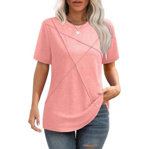 imageXIEERDUO Womens Summer Tops 2025 Pleated Round Neck Short Sleeve Shirts Business CasualCoral