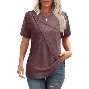 imageXIEERDUO Womens Summer Tops 2025 Pleated Round Neck Short Sleeve Shirts Business CasualDark Red