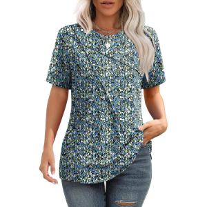 imageXIEERDUO Womens Summer Tops 2025 Pleated Round Neck Short Sleeve Shirts Business CasualZ Floral Blue
