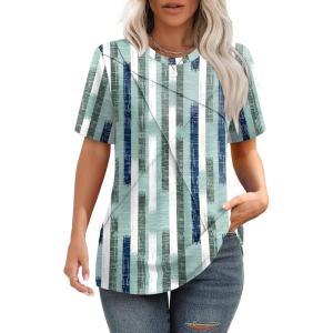 imageXIEERDUO Womens Summer Tops 2025 Pleated Round Neck Short Sleeve Shirts Business CasualZ Plaid Green