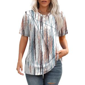 imageXIEERDUO Womens Summer Tops 2025 Pleated Round Neck Short Sleeve Shirts Business CasualZ Tie Dye