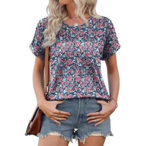 imageXIEERDUO Womens T Shirts Casual Summer Tops Pleated Crewneck Short Sleeve Blouses Trendy Beach Vacation ClothesZ Blue Flower
