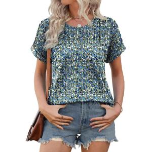 imageXIEERDUO Womens T Shirts Casual Summer Tops Pleated Crewneck Short Sleeve Blouses Trendy Beach Vacation ClothesZ Floral Blue