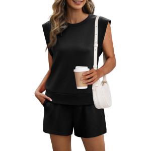 imageXIEERDUO Womens 2 Piece Cap Sleeve Short Sets Fashion Travel Outfits Comfy Airport Lounge Set Loose LoungewearA Black