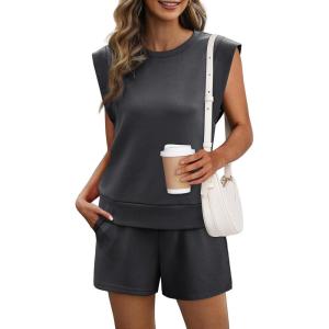 imageXIEERDUO Womens 2 Piece Cap Sleeve Short Sets Fashion Travel Outfits Comfy Airport Lounge Set Loose LoungewearDark Grey