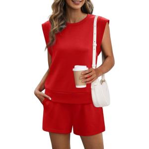 imageXIEERDUO Womens 2 Piece Cap Sleeve Short Sets Fashion Travel Outfits Comfy Airport Lounge Set Loose LoungewearRed